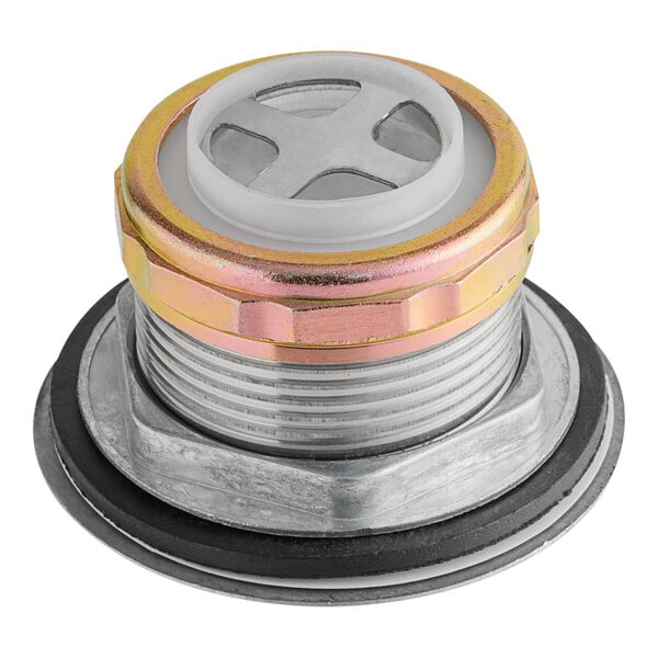 A close up of a metal Regency 1 1/2" Basket Drain with a metal cap.