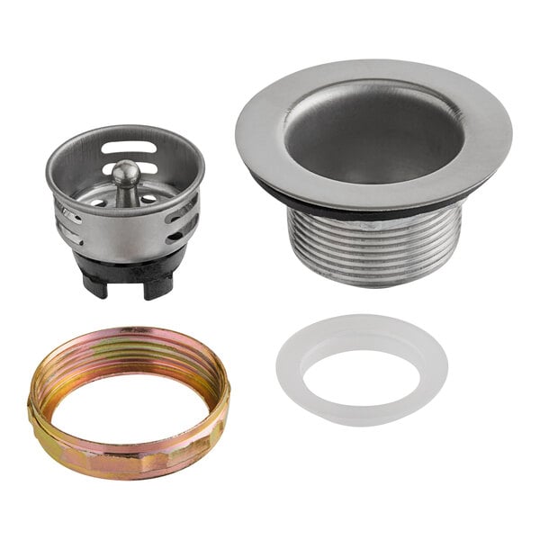 A close-up of a Regency stainless steel sink drain with metal strainer and ring.