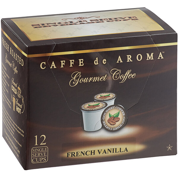 A box of 12 Caffe de Aroma French Vanilla coffee pods.