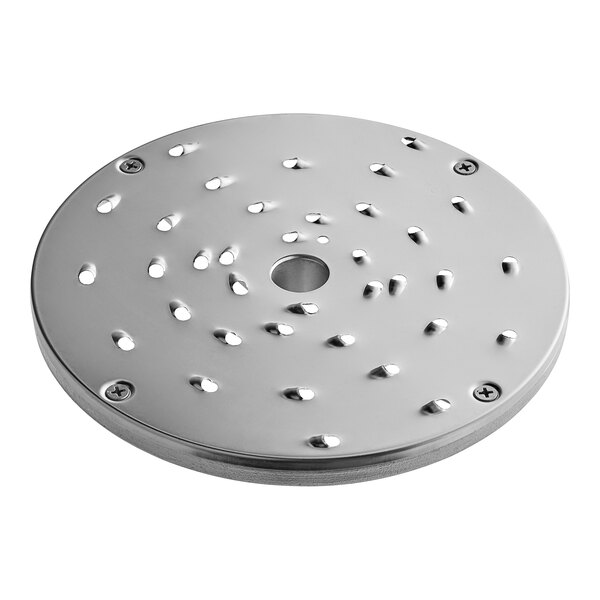 A stainless steel Vollrath shredding plate with circular holes.