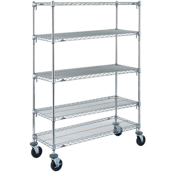 A Metro chrome wire shelving unit with rubber casters.