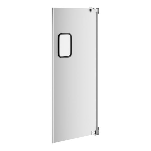 A single aluminum swinging traffic door with a small rectangular window and metal hinges.