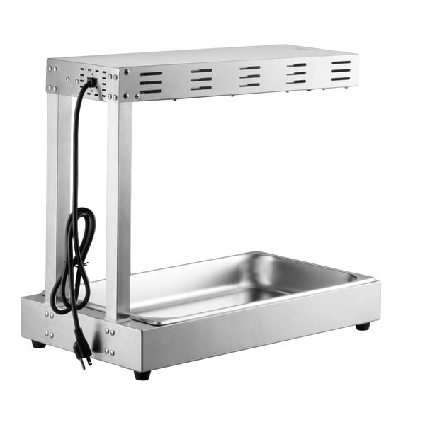 A stainless steel freestanding infrared French fry warmer and dump station with an attached power cord.