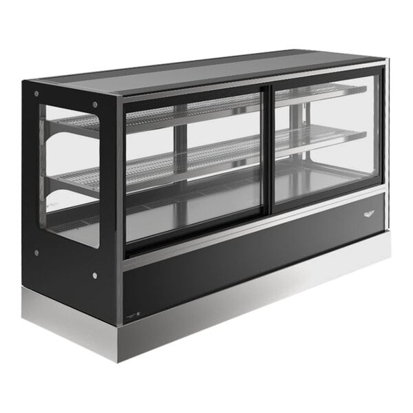 A black and silver Vollrath countertop display case with glass doors.