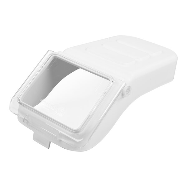 A clear plastic lid for a white Baker's Lane ingredient bin.