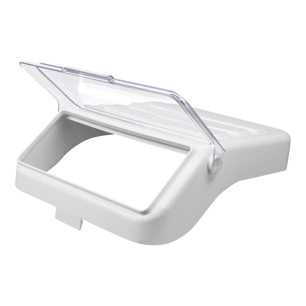 A white plastic box with a clear lid.
