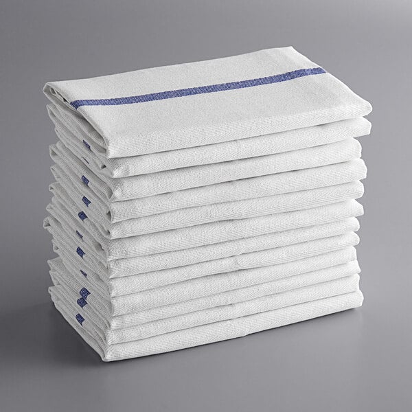 Dish Towels 6 Pack Bar style 15x26 in Herringbone 100% Cotton White Blue Stripe