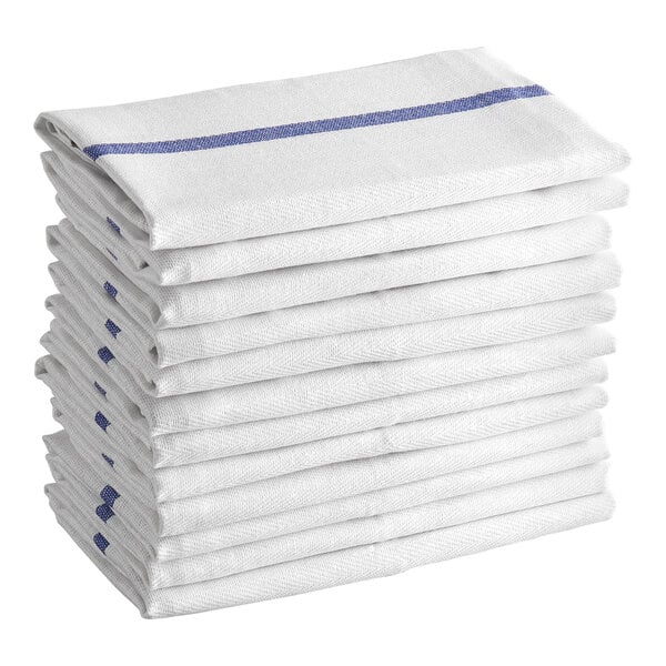 Choice 15" x 26" 24 oz. Blue-Striped Cotton Herringbone Kitchen Towel - 12/Pack