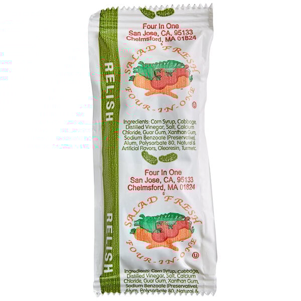 A case of white Relish portion packets with red and green text.