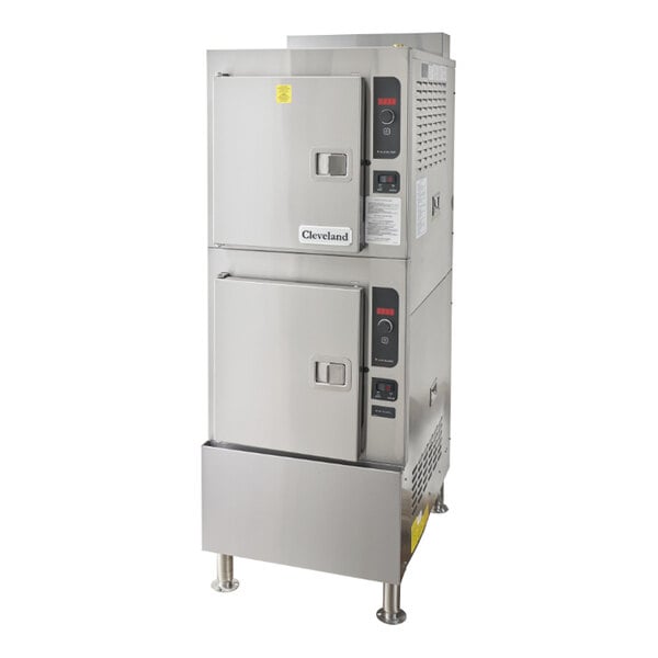 A commercial stainless steel electric floor steamer with two compartments and digital controls.