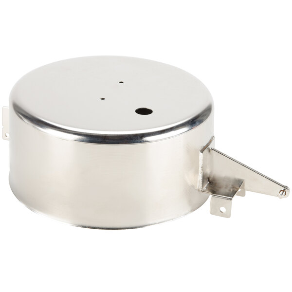 A silver stainless steel round kettle jacket with a hole in the middle.