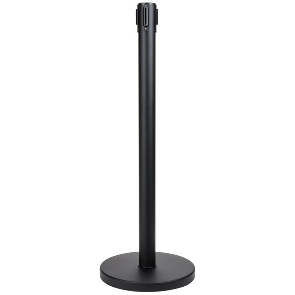 A black Aarco crowd control stanchion with a round base.