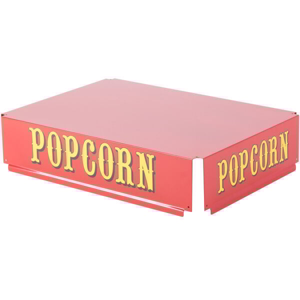 A red Paragon replacement top cover with yellow text that says "popcorn"