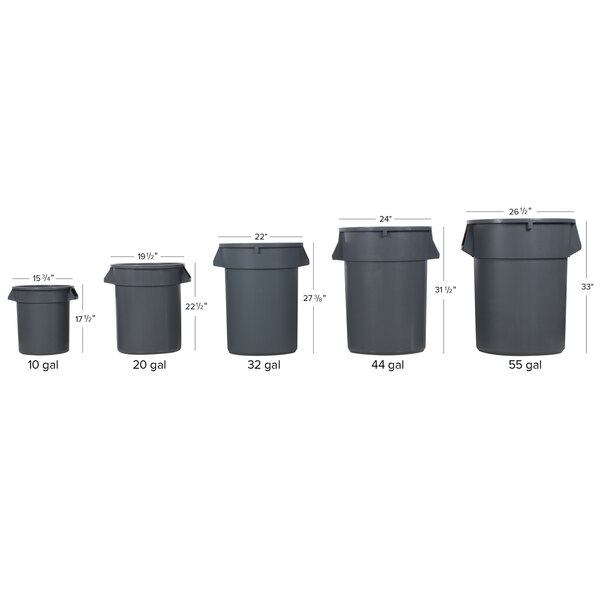 A row of grey Continental Huskee round trash cans with lids and dollies.