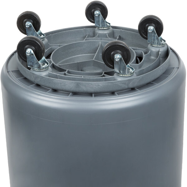 A grey Continental cylindrical trash can with wheels.