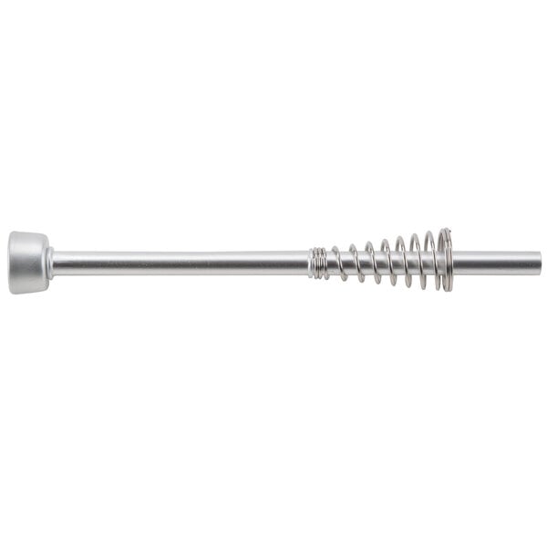 A silver metal pump tube with a spring on the end.