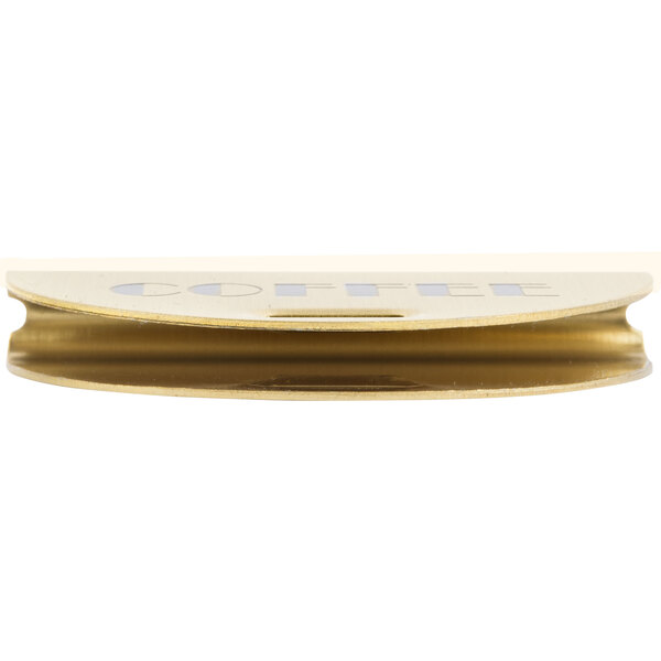 A gold brass "Coffee / Decaf" card holder for a Cambro insulated beverage dispenser.