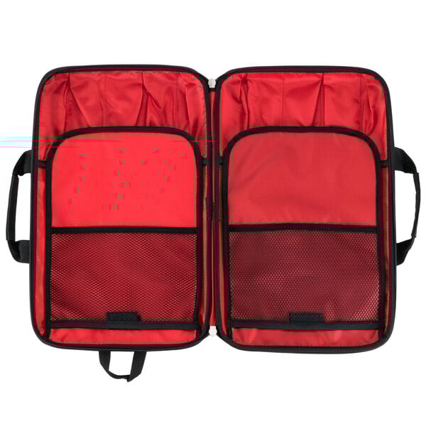 A red and black Mercer Culinary KnifePack Plus with two compartments.