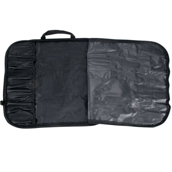 A black Victorinox tri-fold knife roll with zippers and compartments and a handle.