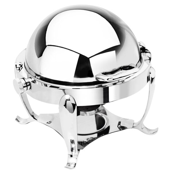 A silver stainless steel round roll top chafer.