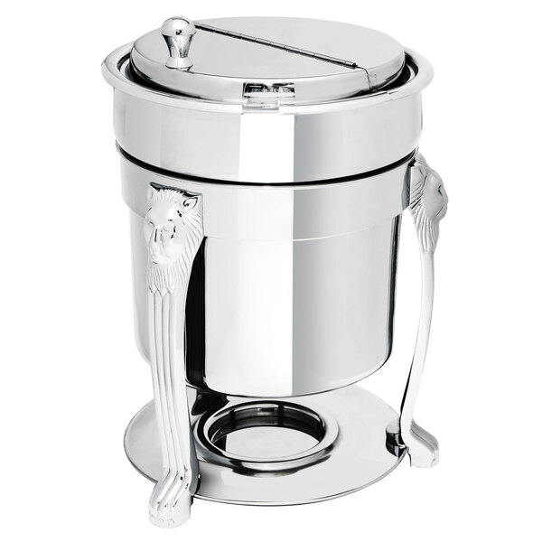 A silver stainless steel Eastern Tabletop Lion Head Marmite with a lid on a counter.