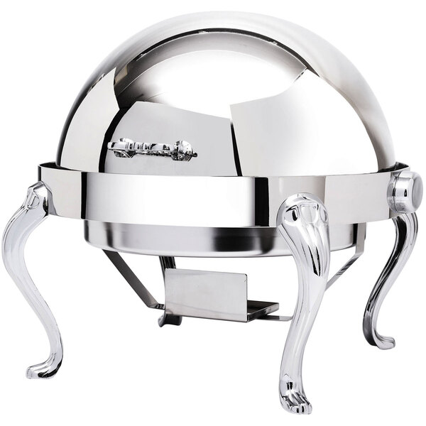 A silver stainless steel round roll top chafer with brass accents on legs.