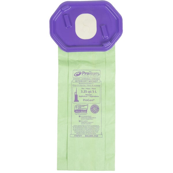 A green and purple ProTeam vacuum bag with a white circle and black line.