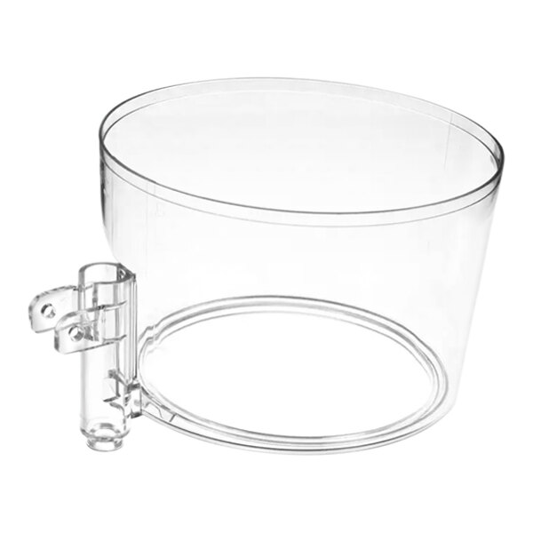 A clear plastic bowl with a handle.