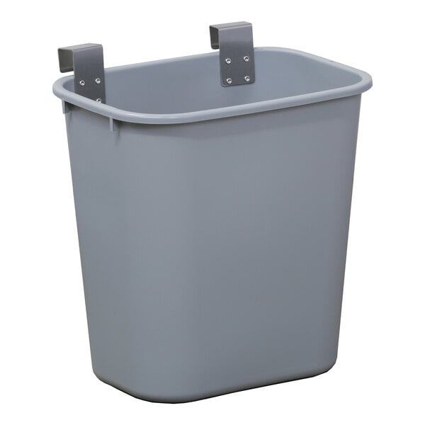 A grey plastic Lakeside waste box with metal hooks.