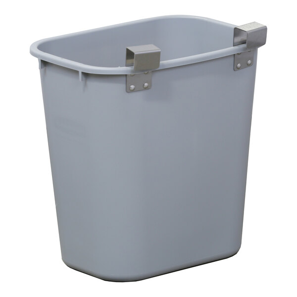 A gray plastic bin with metal handles.