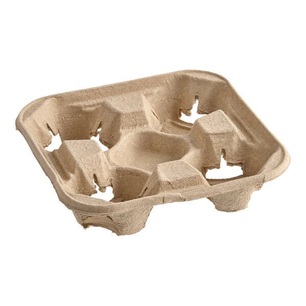A brown pulp fiber drink carrier designed to hold four cups.