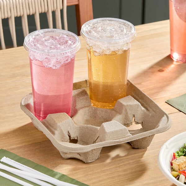 A pulp fiber 4-cup carrier holding two plastic cups with lids and ice.