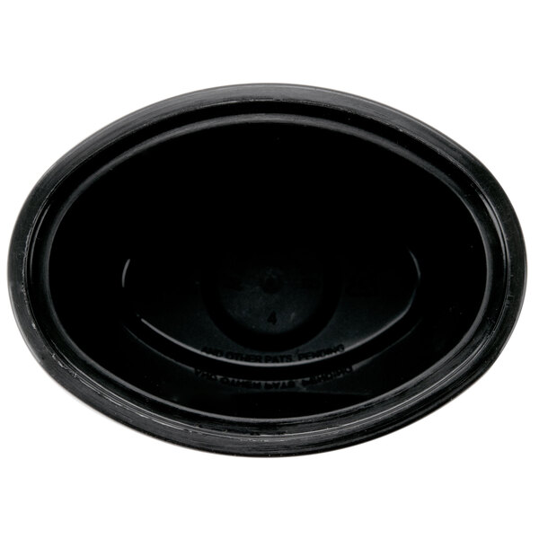 A black oval Newspring portion cup with a lid.