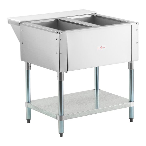 A stainless steel two-pan natural gas powered hot food table with an open well and lower shelf.