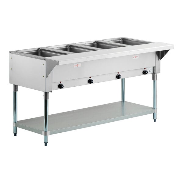 A stainless steel four-pan electric hot food table with an undershelf and sealed wells.
