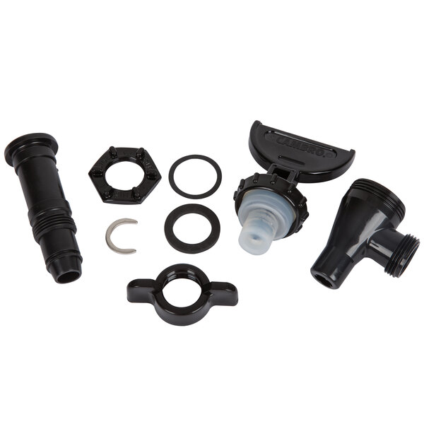 A black plastic Cambro faucet and spout assembly kit with round objects and fittings.