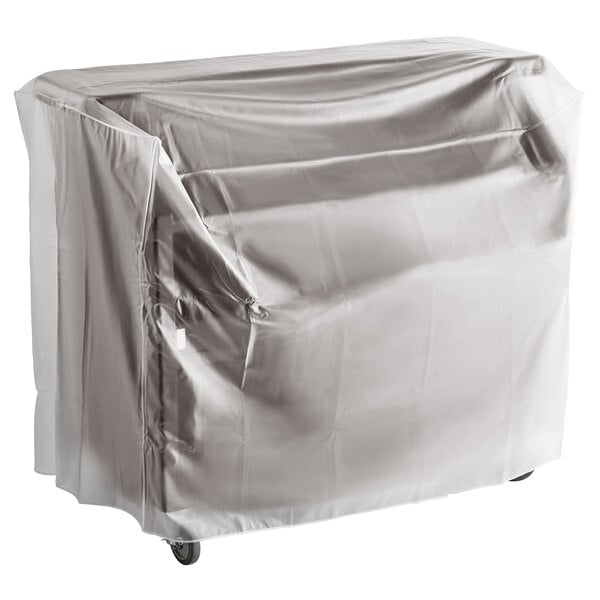 A dark brown Cambro portable bar with a plastic cover on wheels.