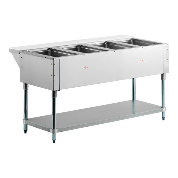 A stainless steel four-pan electric hot food table with an undershelf and sealed wells.