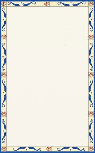 A white rectangular frame with blue and red Mediterranean designs.