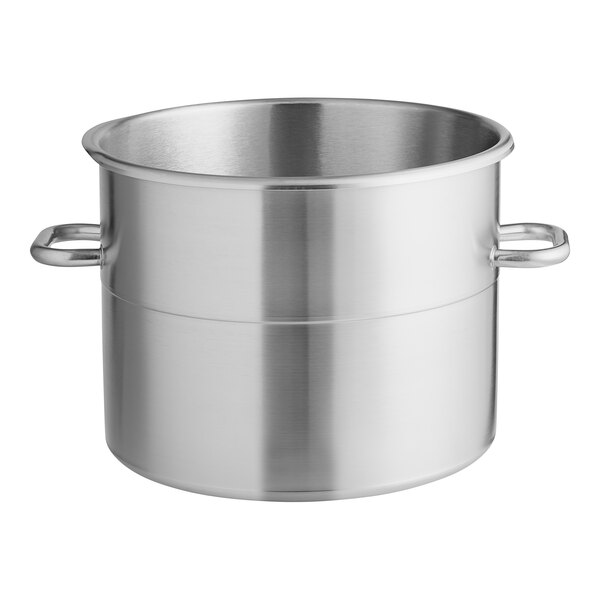 A silver stainless steel bowl with handles.