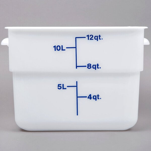 A white rectangular Cambro food storage container with blue writing.
