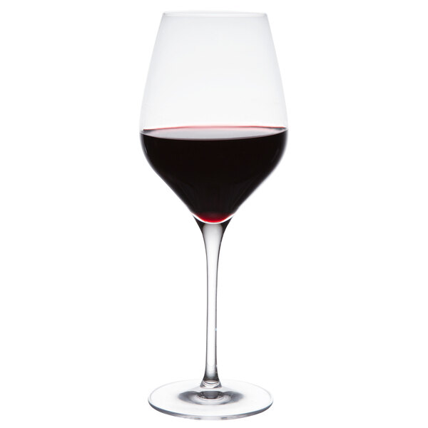 A Stolzle Exquisit Royal wine glass filled with red wine.