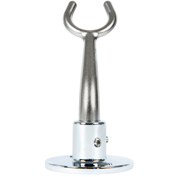 A silver metal wall hook with a round base.