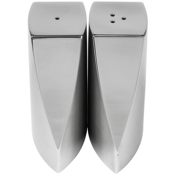 Two stainless steel wedge salt and pepper shakers with silver accents.
