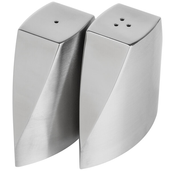 A set of American Metalcraft stainless steel wedge salt and pepper shakers.