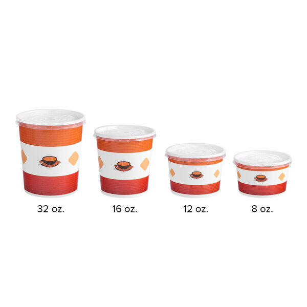A 12 oz. double poly-coated paper soup or hot food cup with a vented plastic lid, shown alongside other size options.