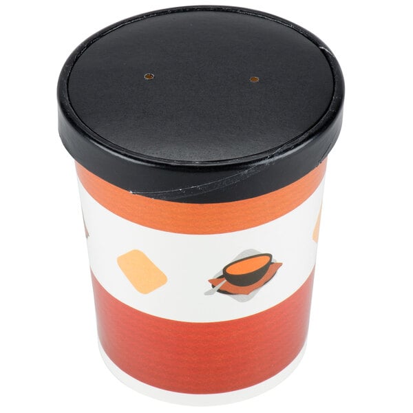 A Choice orange and black paper soup cup with a lid.