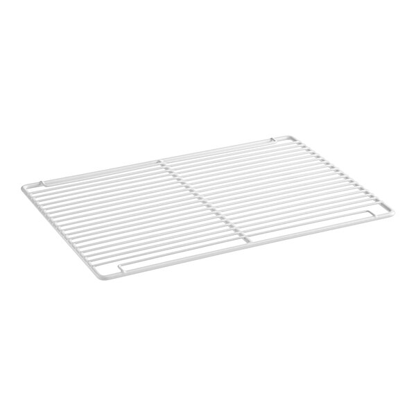A white metal rack with a metal grid on top.