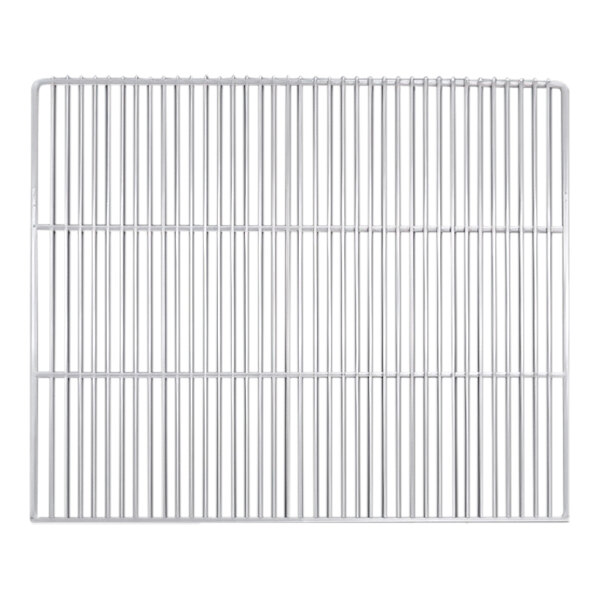 A gray metal wire shelf with a grid pattern.