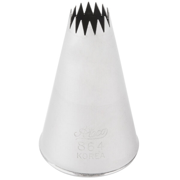 An Ateco 864 French star piping tip, a silver cone-shaped cake decorating tool with a star-shaped tip.